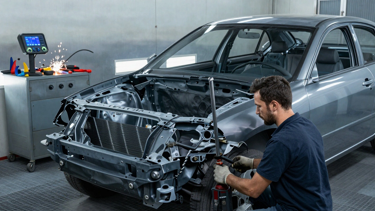 В кузовном цехе выравнивают повреждённую раму автомобиля.