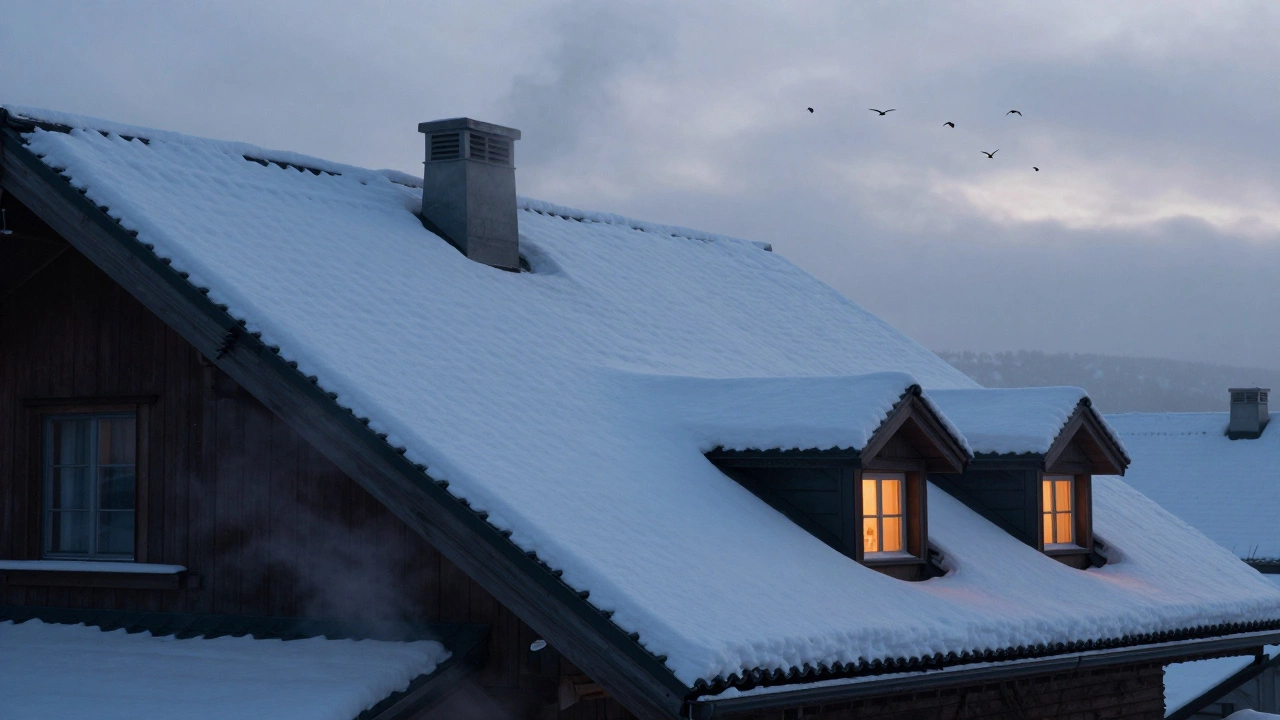 Зимняя крыша с уклоном 7/12, снег скатывается, из вентиляционных отверстий идет пар.