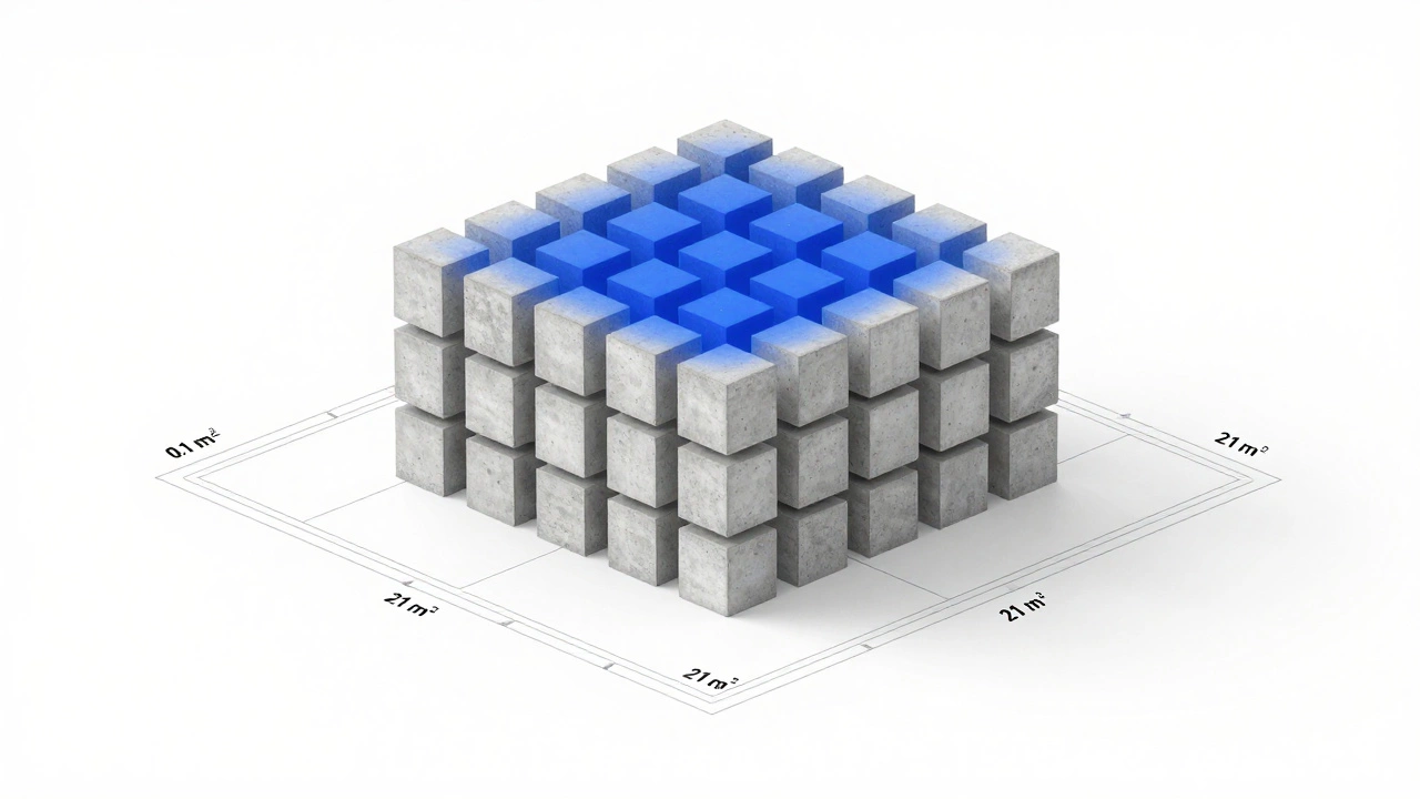 3D-сетка кубов бетона над планом пола, с выделенной толщиной и запасом 10%.