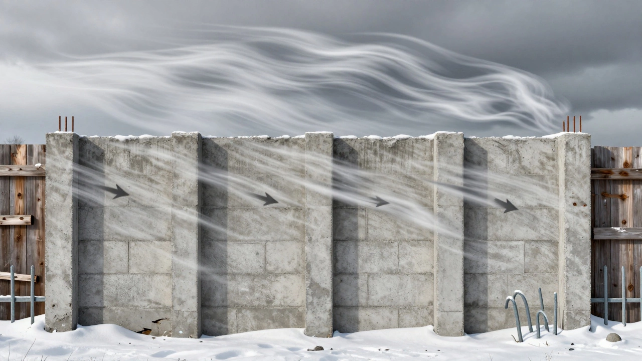 Армированный бетонный забор противостоит ветровым нагрузкам, в отличие от сломанных деревянных и металлических ограждений.