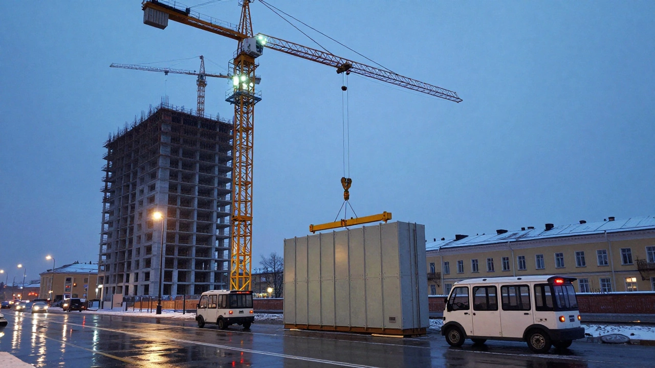 Башенный кран поднимает стеновой модуль на высотное здание при закате в Санкт-Петербурге.