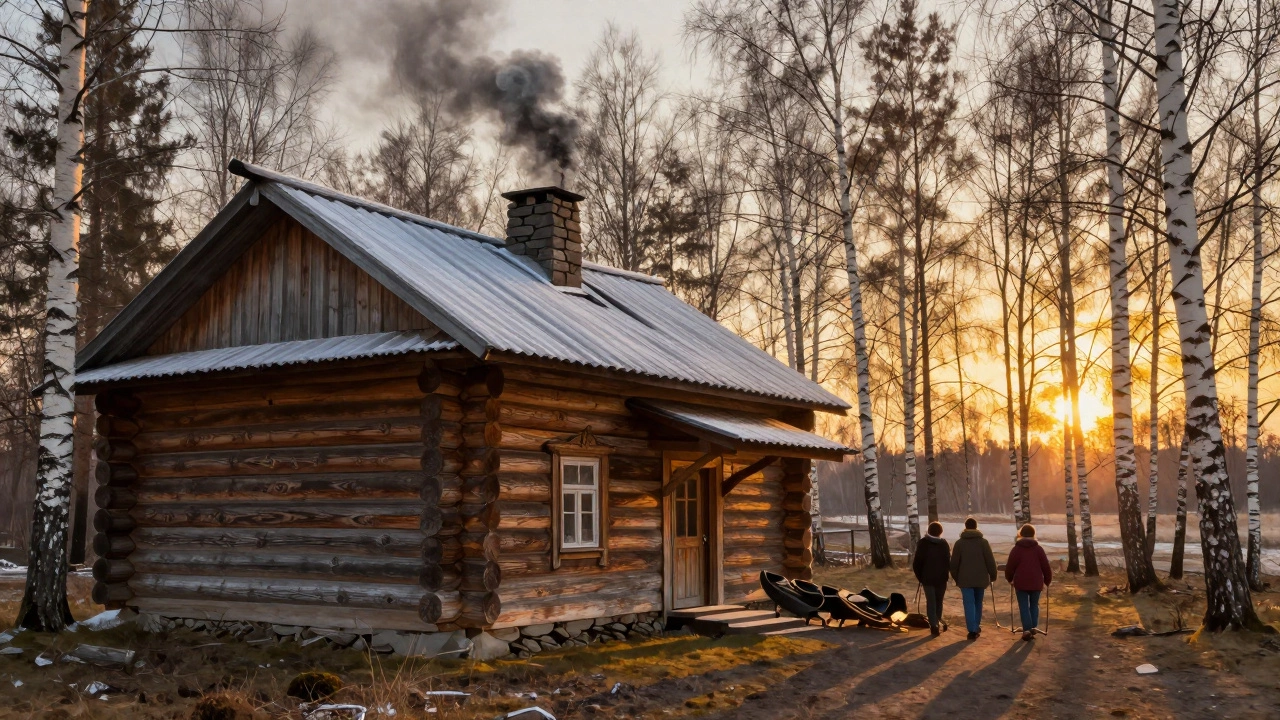 Деревянный бревенчатый дом в лесу Карелии, дым из трубы, снег на крыше, семья идёт к входу.