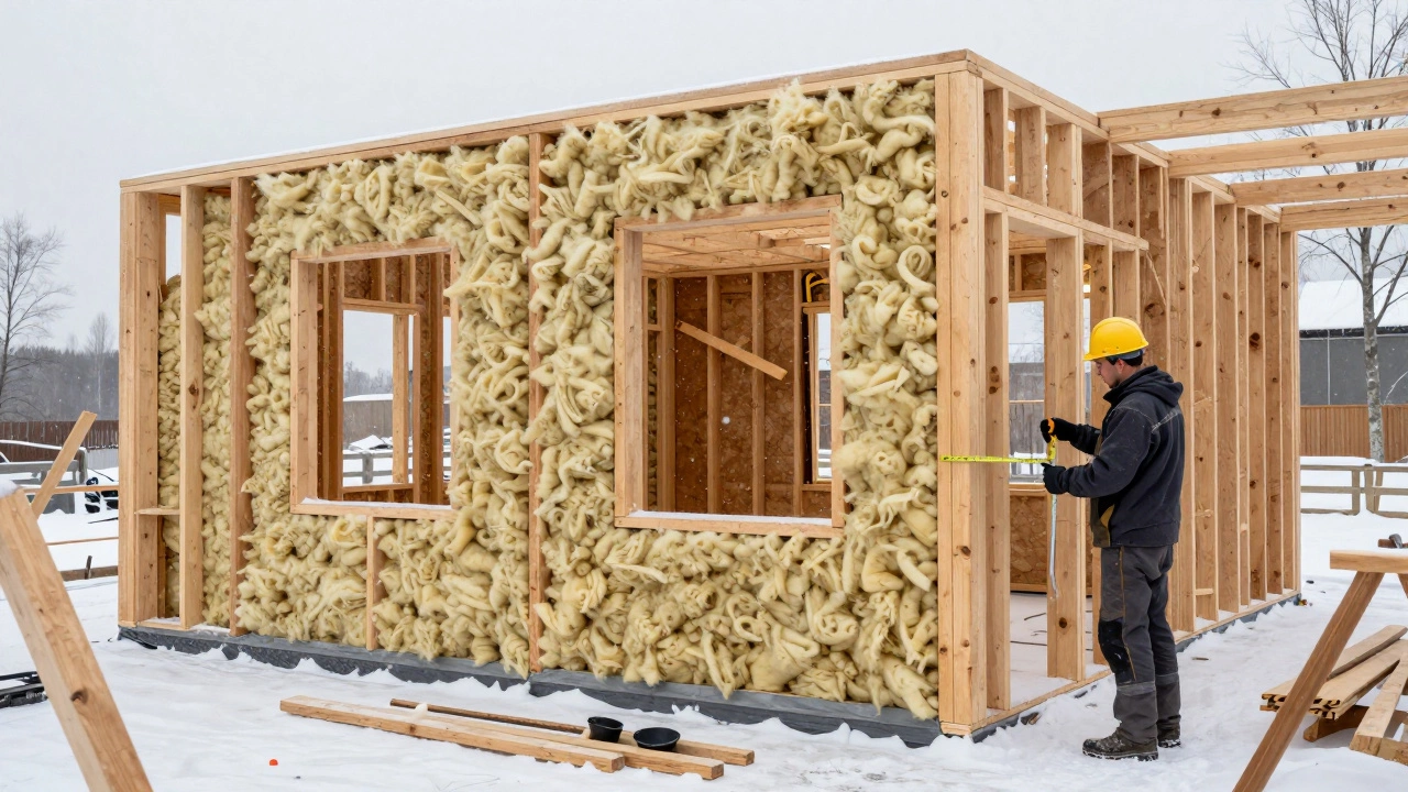 Деревянный каркасный дом в процессе сборки с утеплителем и пароизоляцией в Ленинградской области.