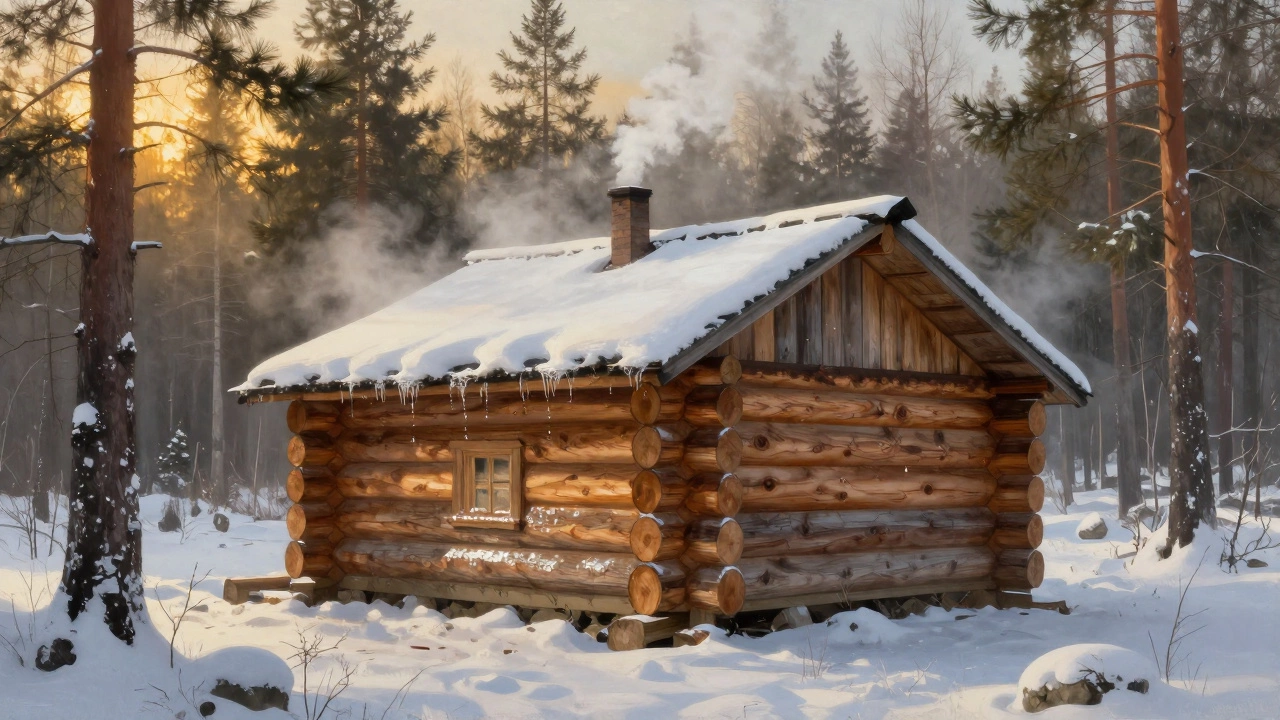 Деревянный сруб в лесу на севере России, утренний туман и дым из трубы.