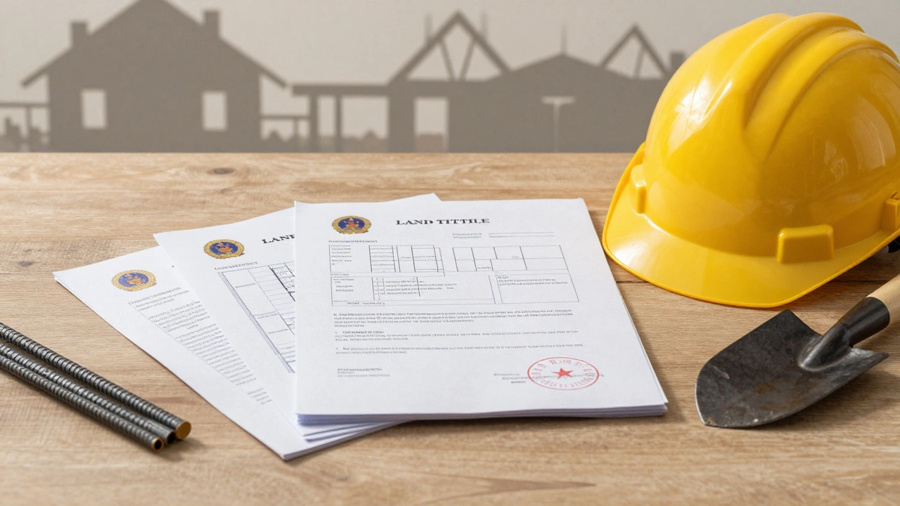 Документы и строительные материалы на столе — подготовка к началу строительства.