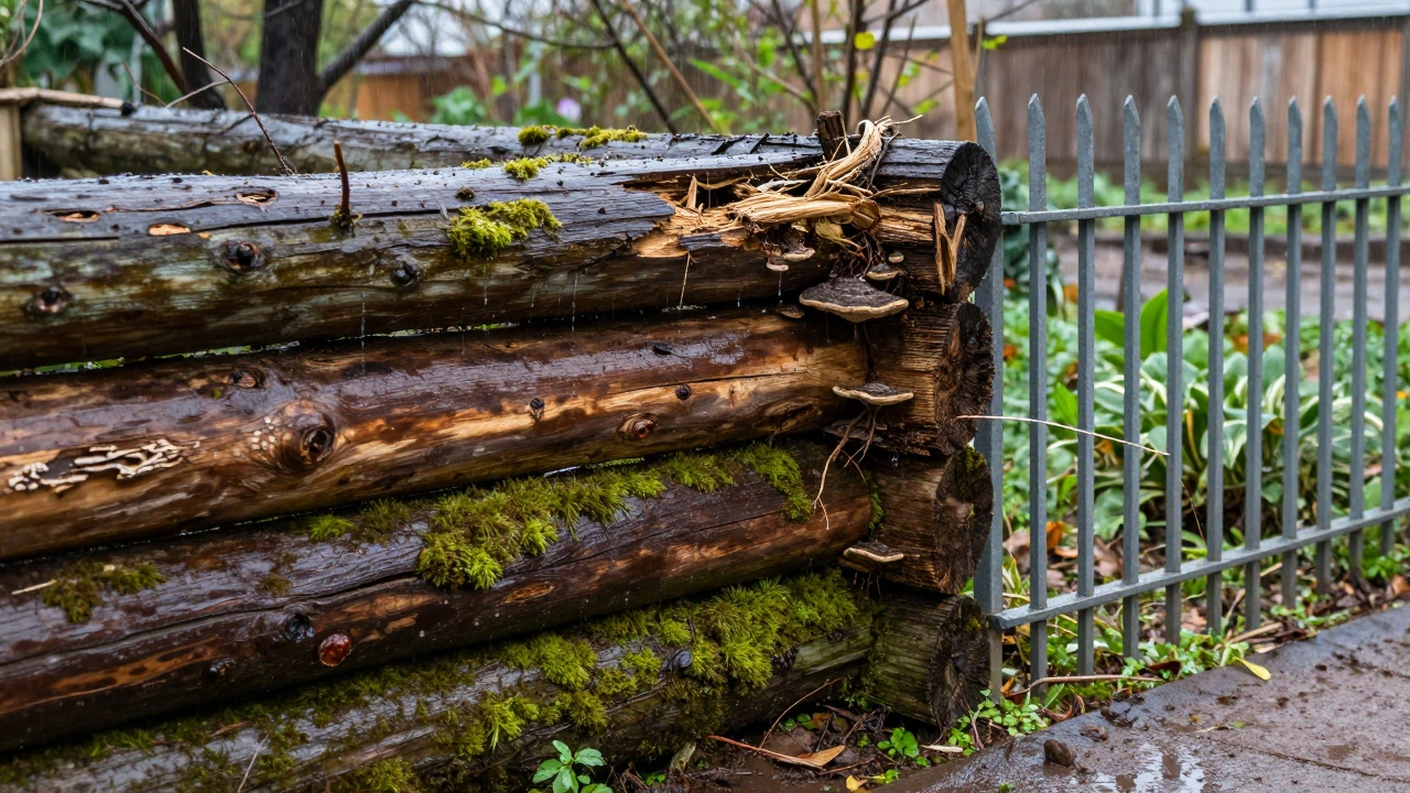 Гниющий деревянный забор, погружающийся в землю, с мхом и каплями дождя на бревнах.