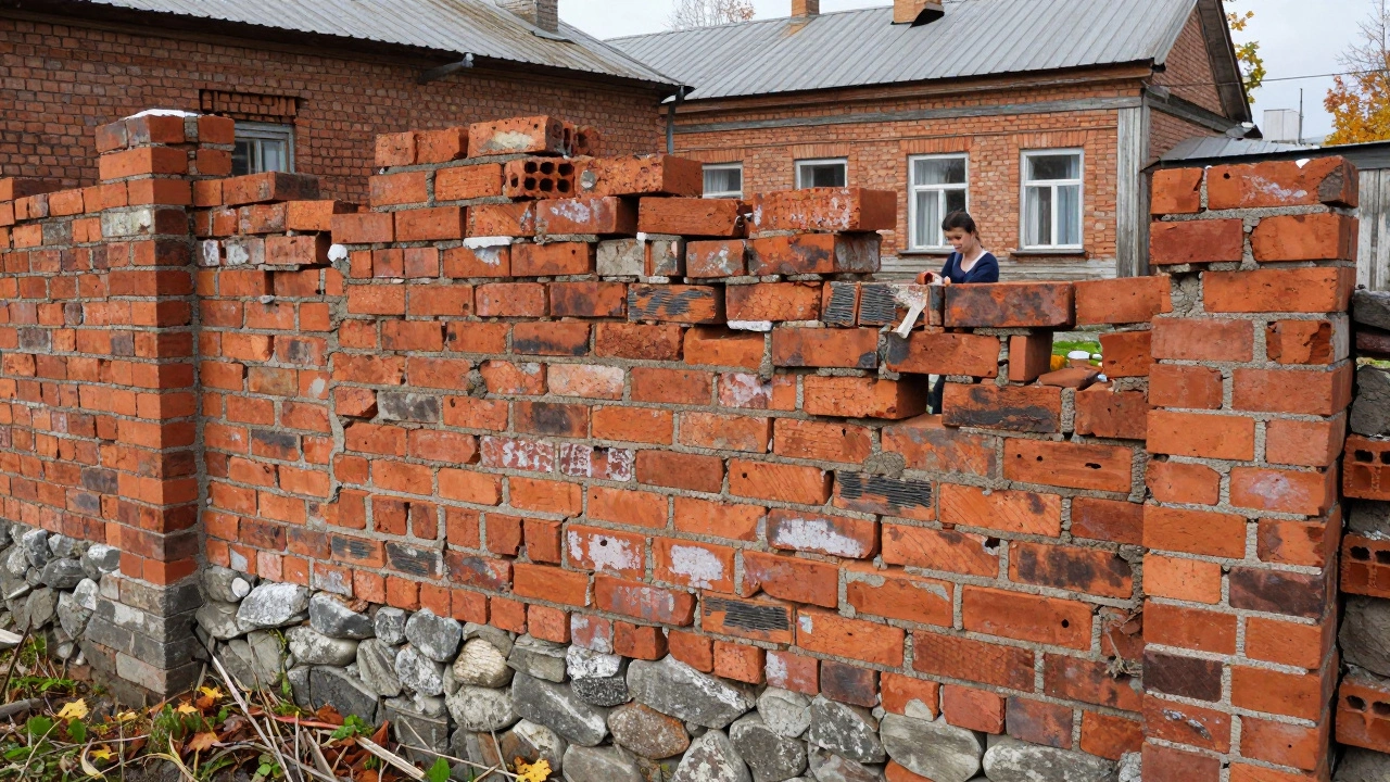 Кирпичная стена в русской деревне, кладка которой ведётся вручную, с видом на старый дом 1920-х годов.