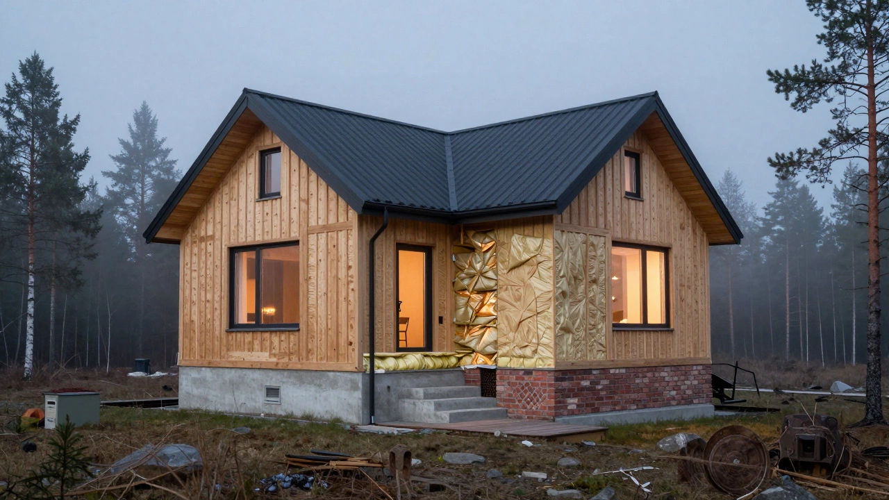 Комбинированная конструкция дома: монолитный фундамент, каркасные стены и кирпичный цоколь на фоне леса.