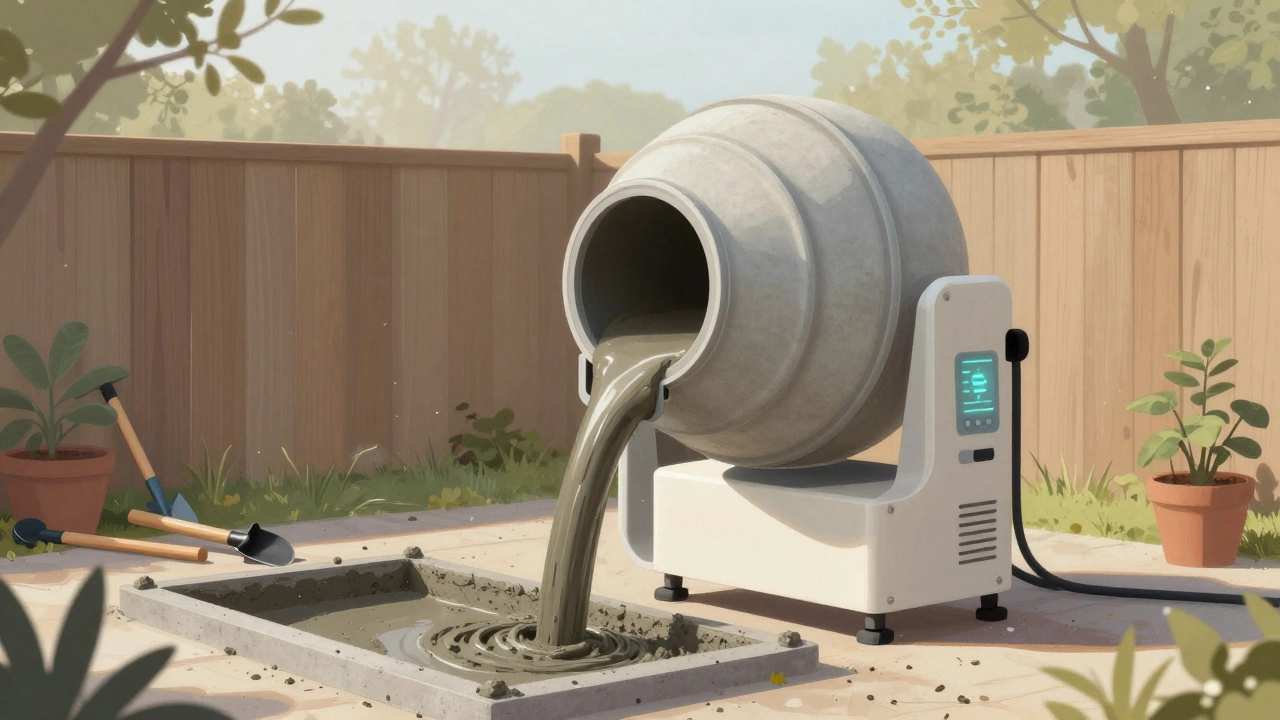 Компактная бетономешалка с автоматической подачей воды заливает фундамент в частном доме.