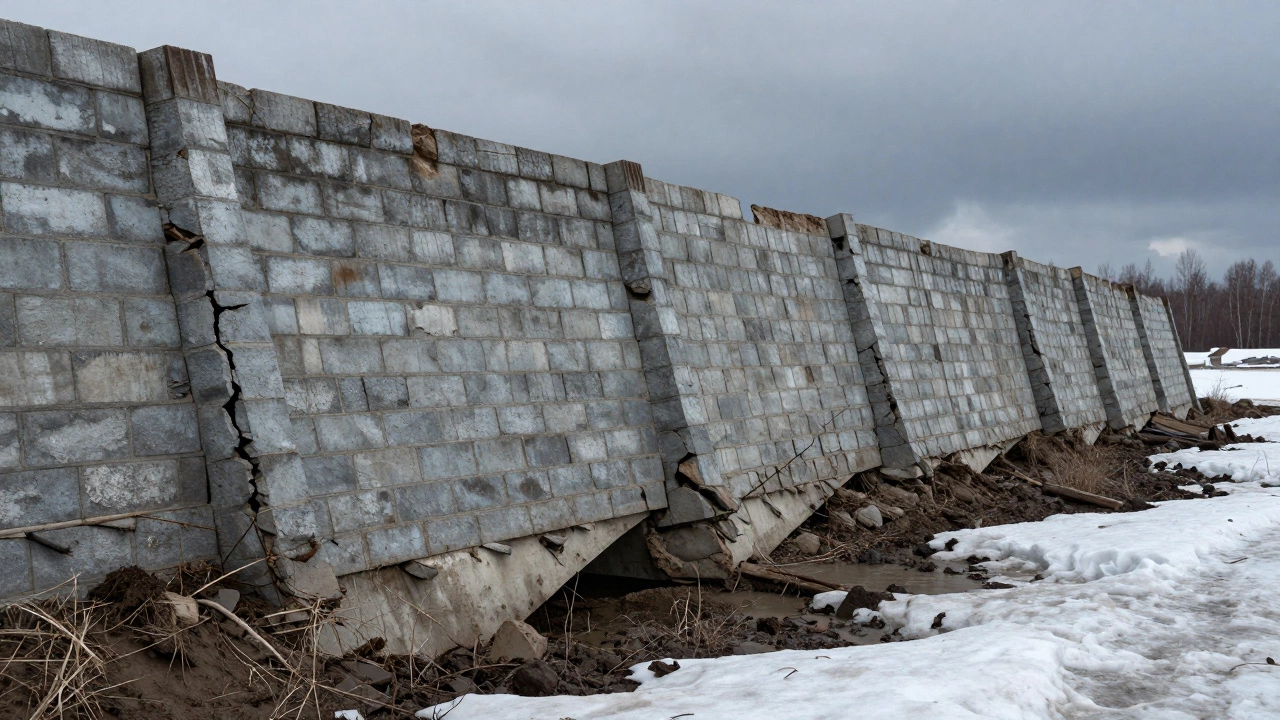 Косо упавший шлакоблоковый забор на грязной земле с видимыми трещинами и размывом грунта.