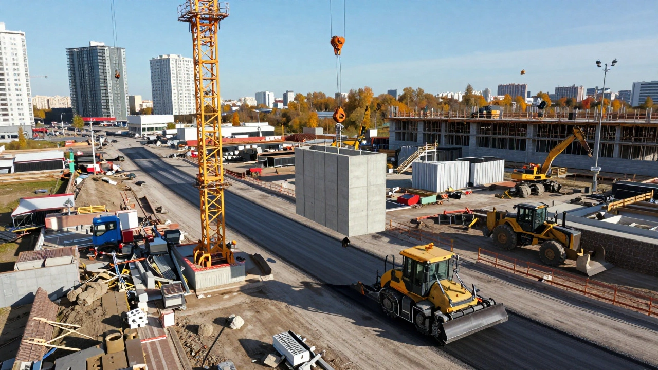 Кран поднимает панели, бульдозер выравнивает дорогу, асфальтоукладчик укладывает покрытие на городской стройке.