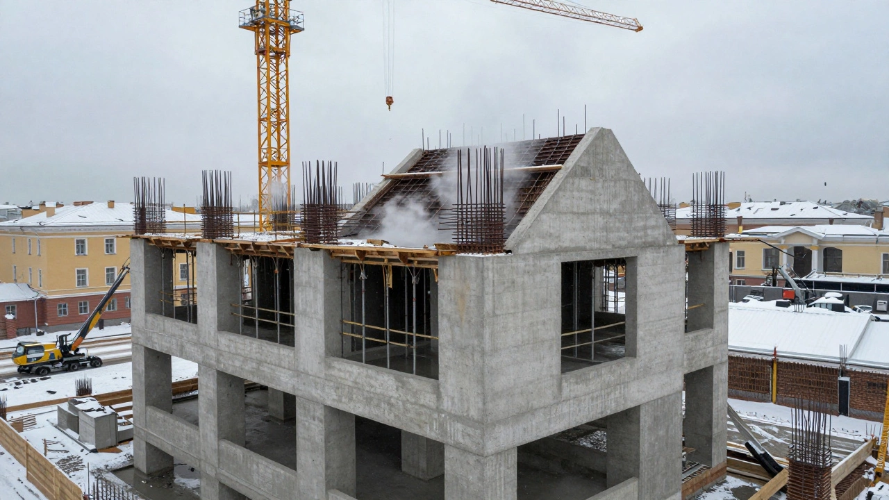 Монолитный дом из бетона в строительстве зимой в Санкт-Петербурге.