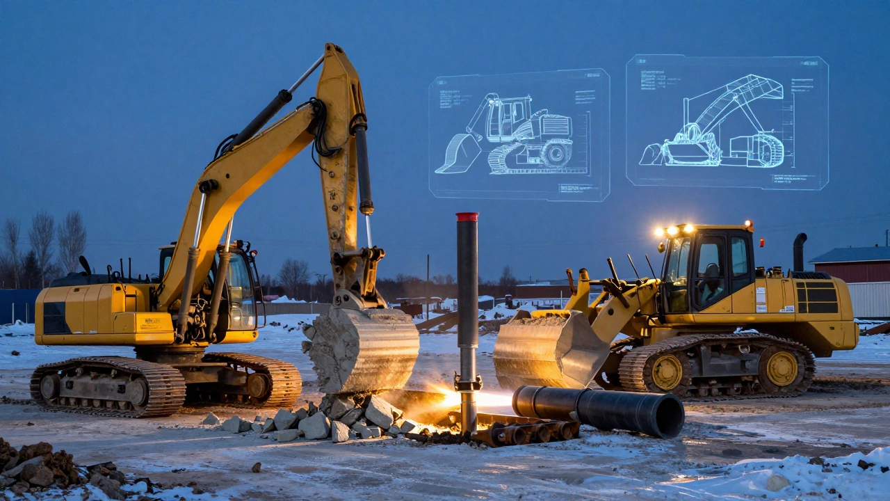 На зимней стройке работают буровая установка, гидромолот и тепловая пушка под светом рабочих фонарей.