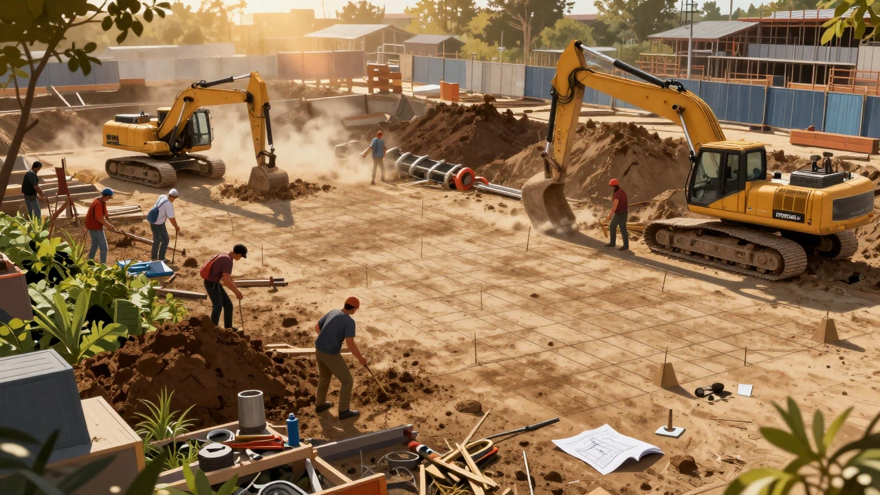 Рабочие убирают растительность и размечают контуры фундамента на участке.