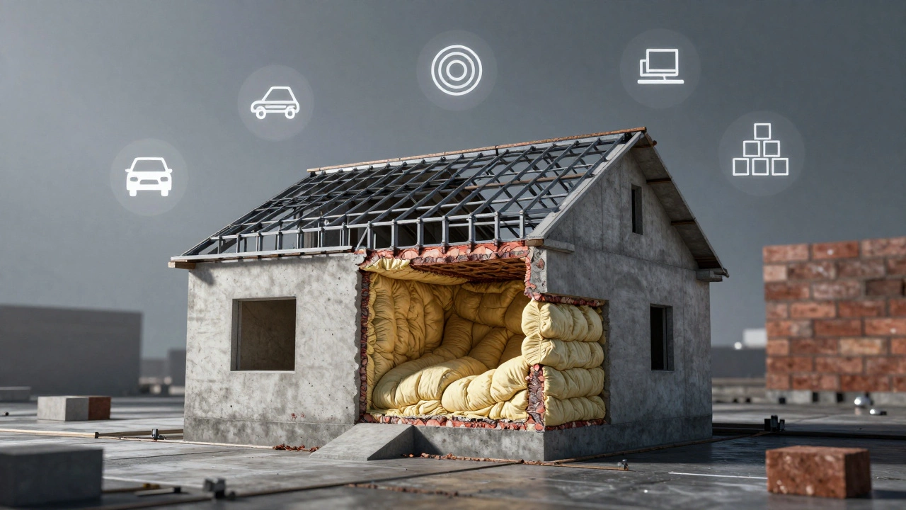 Разрез монолитного дома с утеплением и армированием, вокруг — силуэты других технологий строительства.