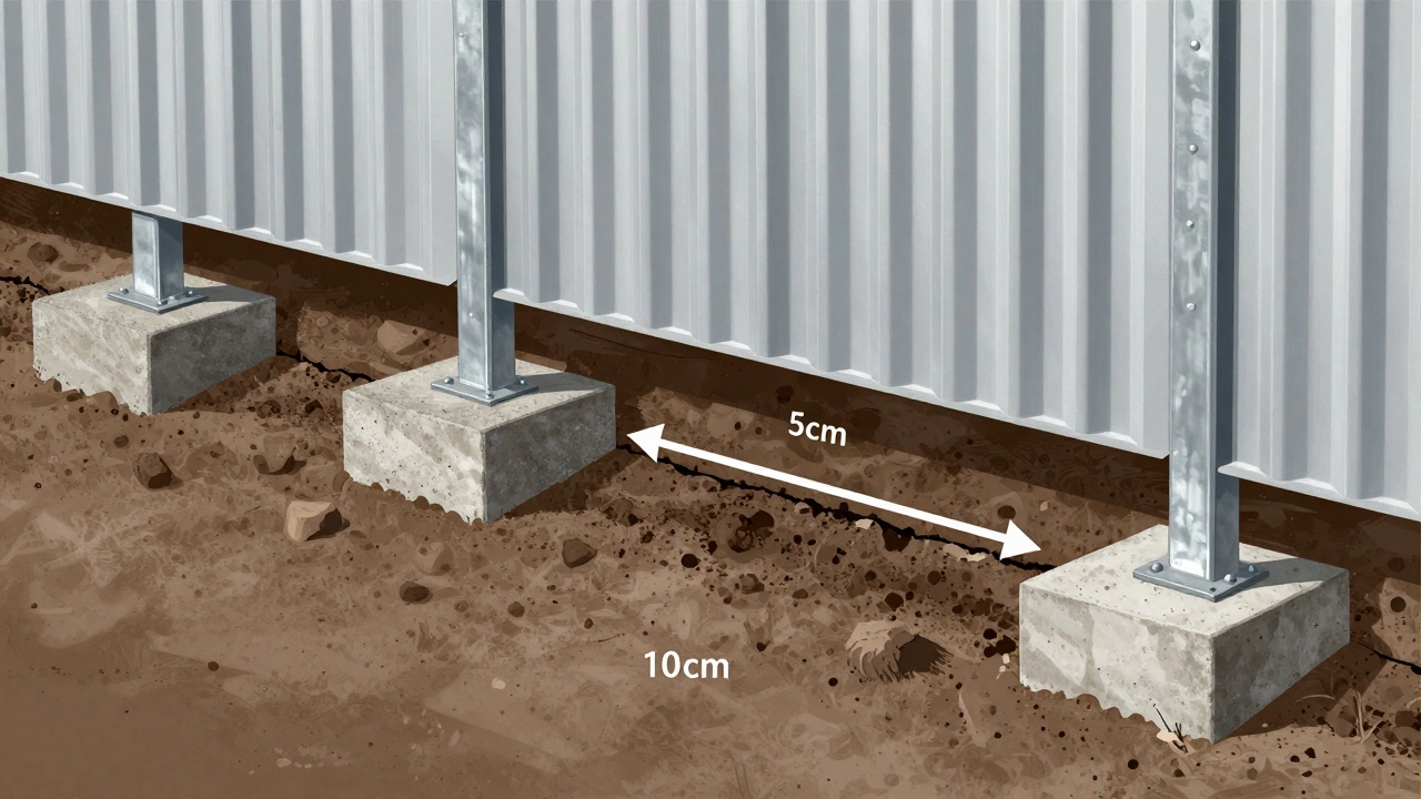 Разрез забора: бетонные опоры, металлические столбы и зазор 5 см, избегающий контакта с пучинистым грунтом.