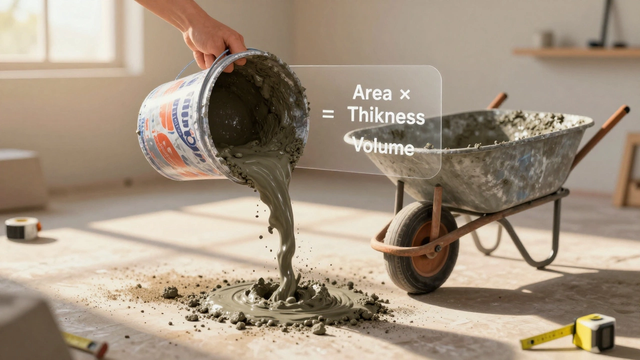 Рука льет бетон на пол, над ним прозрачно отображается формула расчета объема.