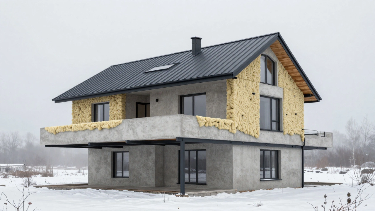 Современный дом в Ленинградской области с металлической кровлей, стальной рамой и керамзитобетонными стенами под туманом.