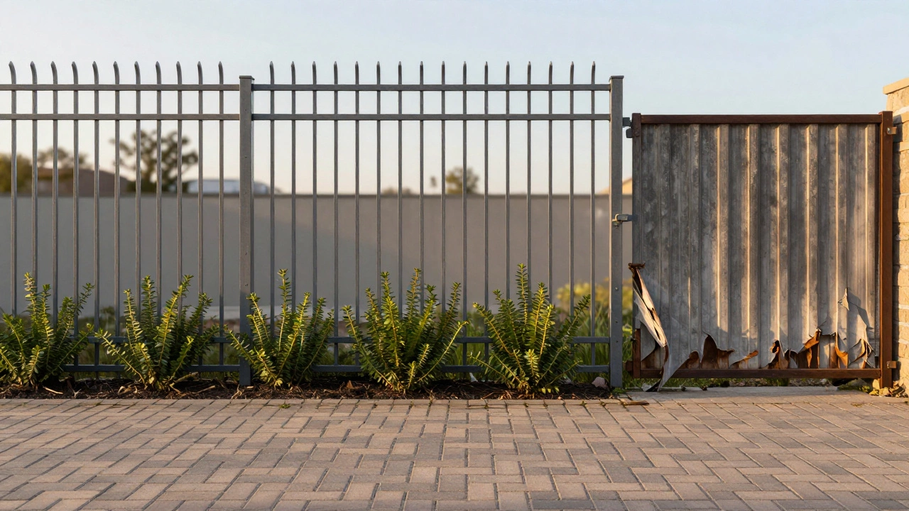 Современный забор с зазором, скрытым брусчаткой и барбарисом, рядом — разрушенный забор без зазора.