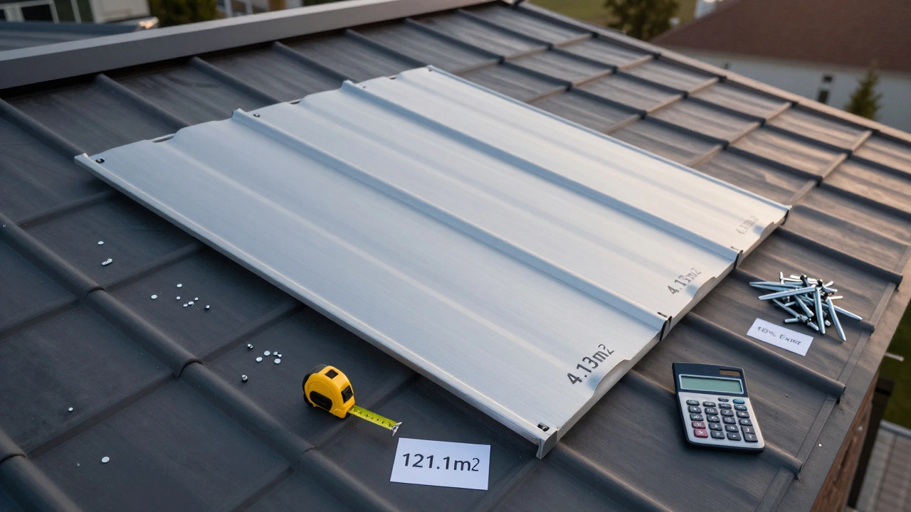 Аэрофото крыши с уложенными листами металлочерепицы и расчётами площади на фоне.