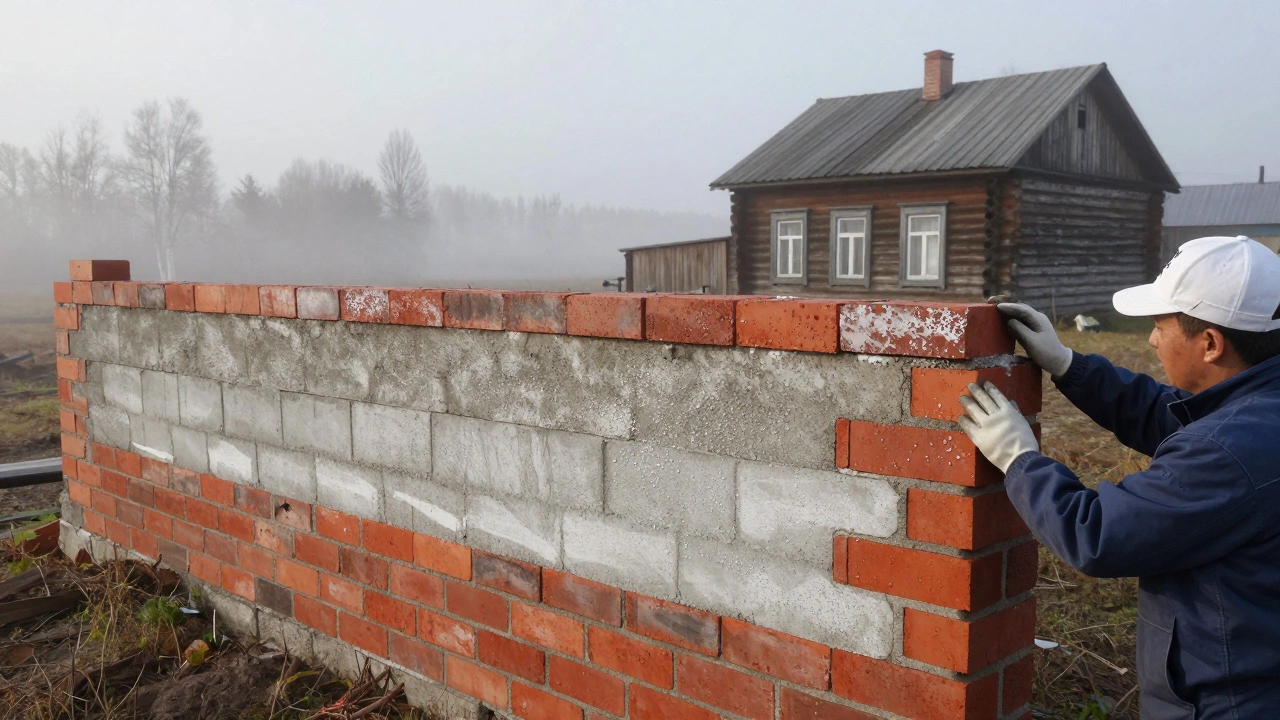 Двухслойная стена: газобетон внутри, кирпич снаружи, с каплями конденсата и нанесением гидрофобной штукатурки.