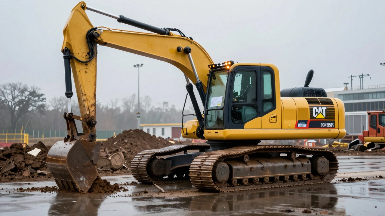 Экскаватор Cat 320 в отличном состоянии работает на дождливой стройке в Санкт-Петербурге.