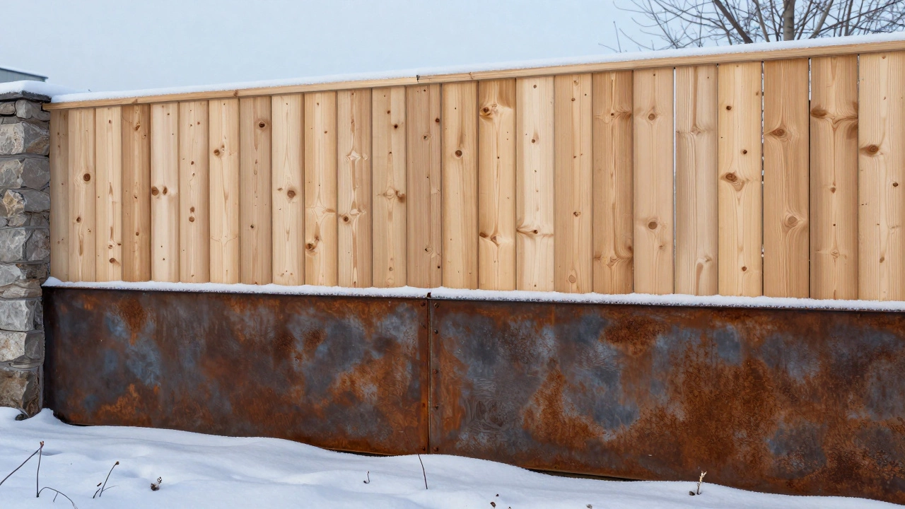 Комбинированный забор из дерева и металла в зимнем саду Ленинградской области