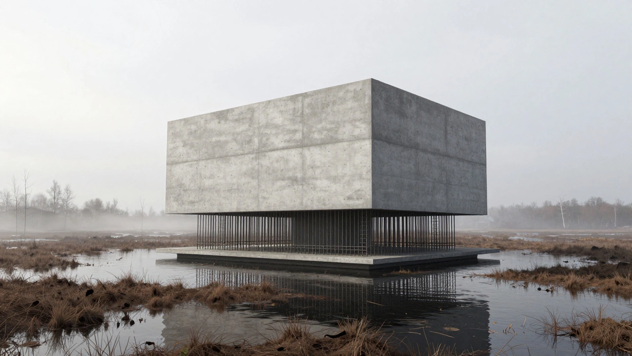 Монолитный дом на болотистой почве с видимым армированием и отражением в воде.
