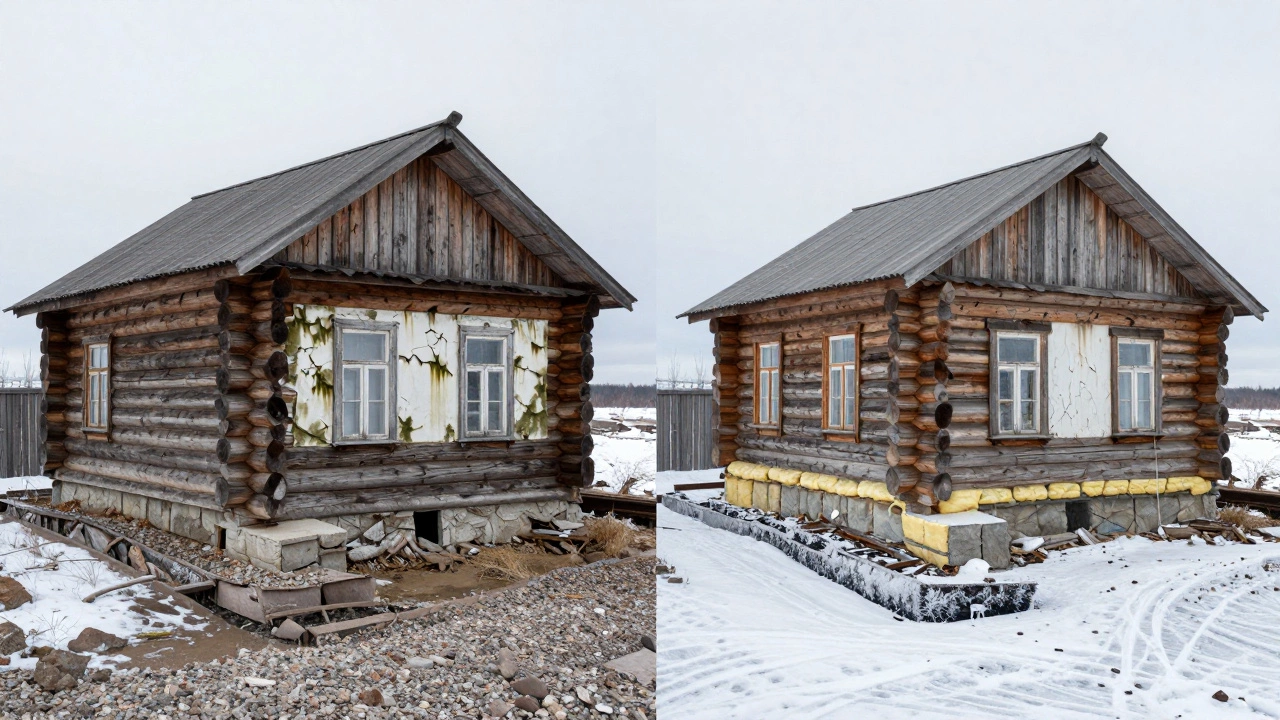 Поврежденный деревянный сруб рядом с отремонтированным вариантом с повышенным цоколем и дренажем в северной России.