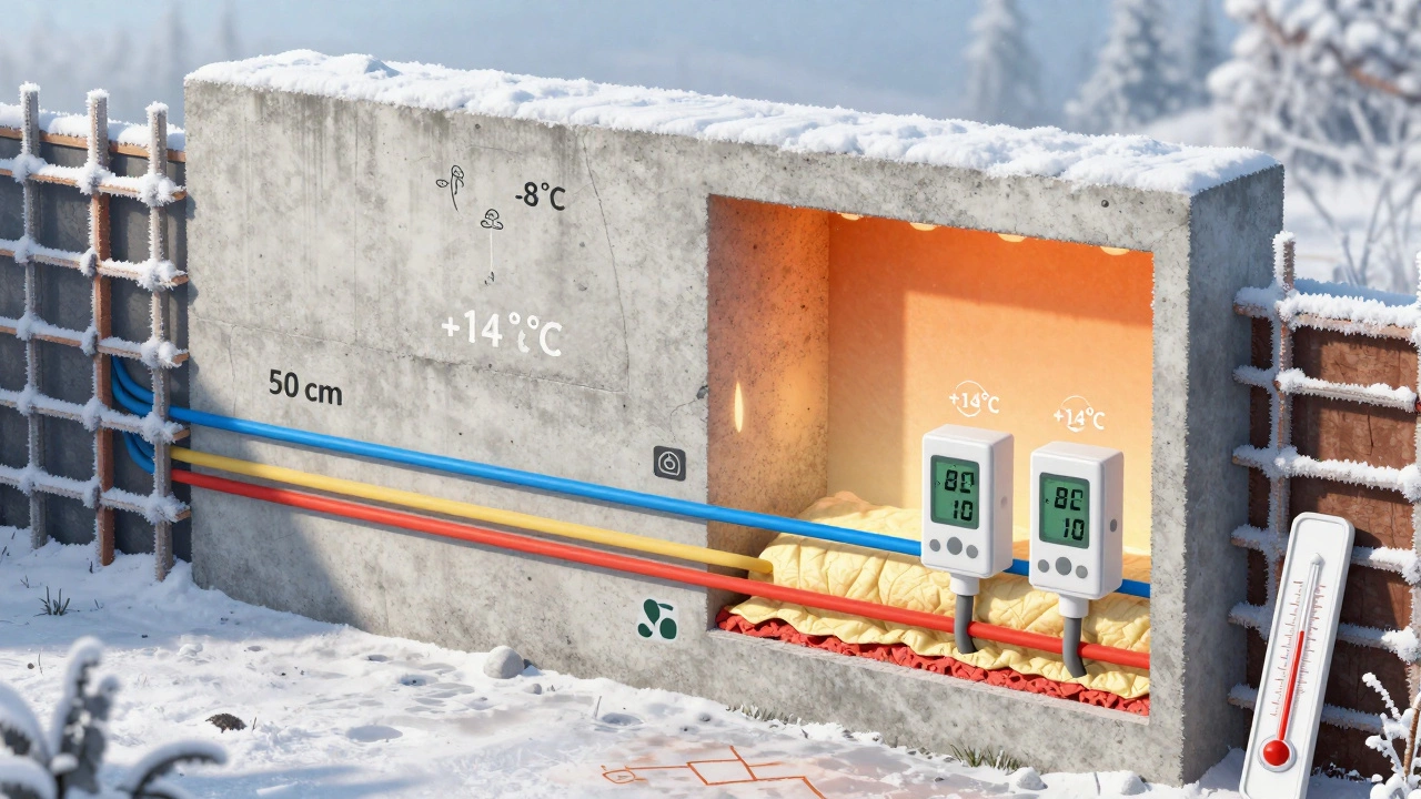 Разрез бетонной стены с показателями температуры и теплоизоляцией при отрицательных температурах