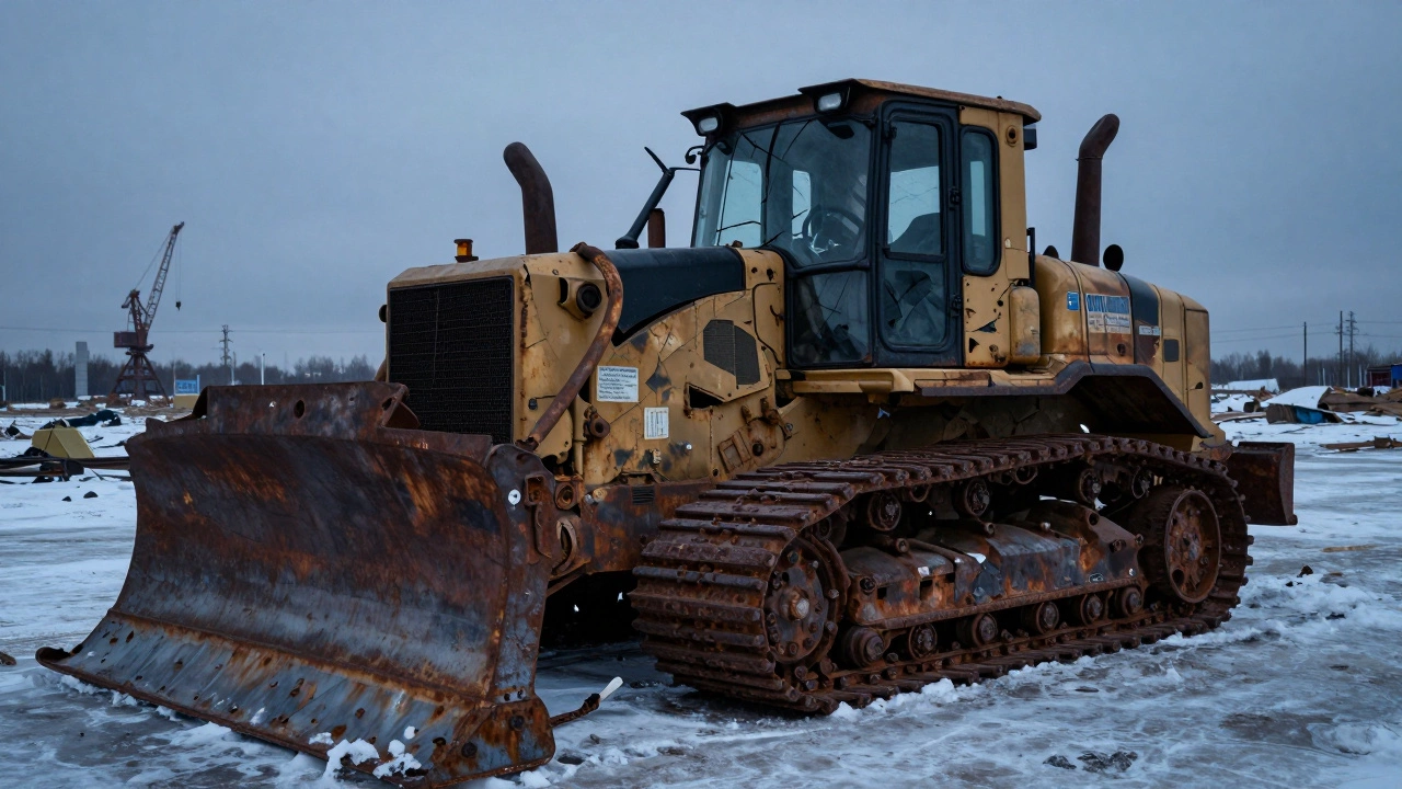 Разрушенный бульдозер с треснувшей рамой и сломанными гусеницами на заброшенной стройке.