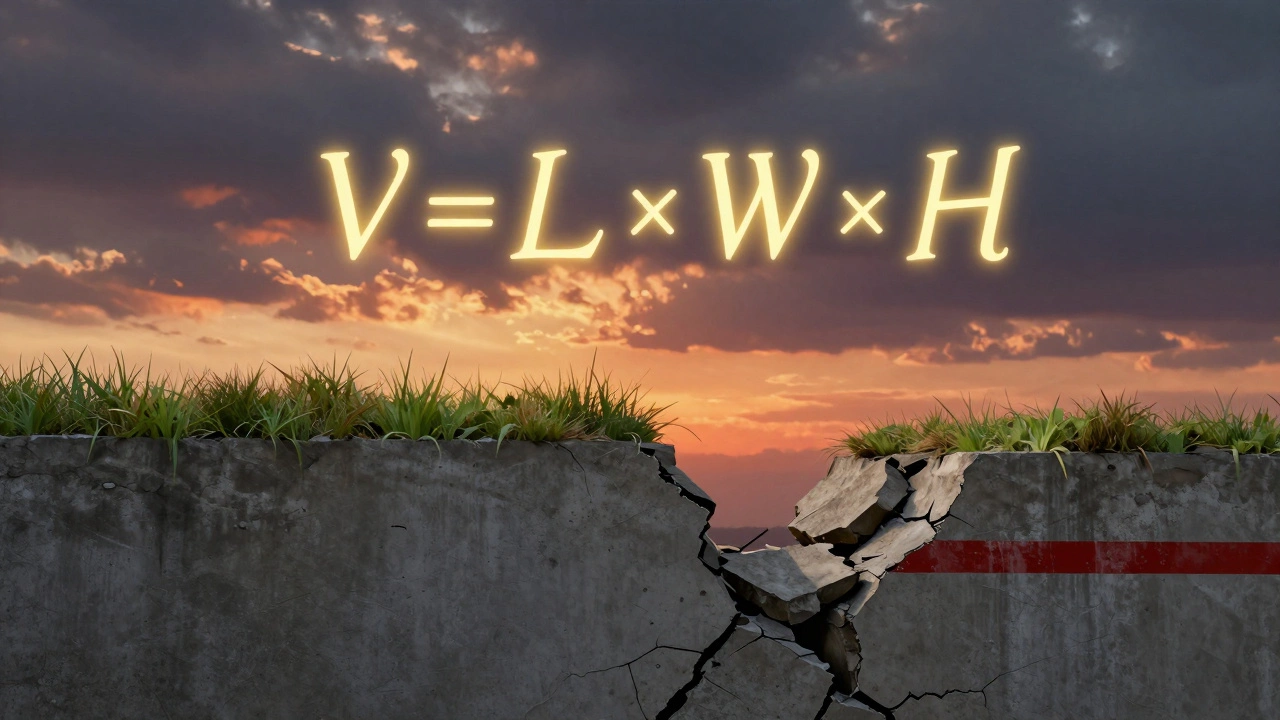 Разрушенный фундамент рядом с идеальным, над ними светится формула расчета бетона.