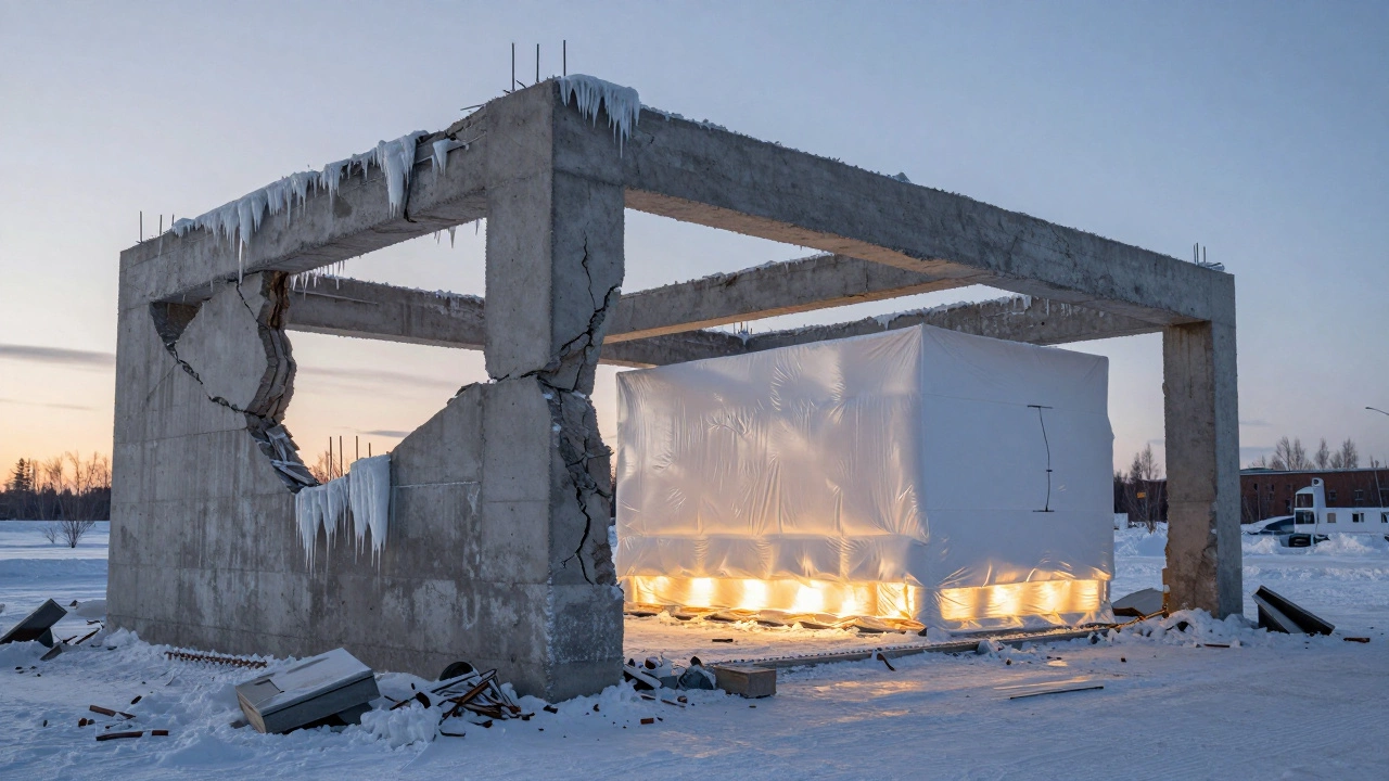 Разрушенный треснувший фундамент рядом с целым, правильно выдержанным бетоном в зимних условиях