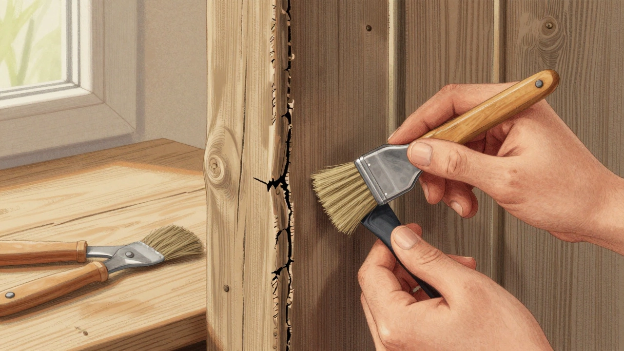 Ручная обработка антисептиком деревянного забора с видимыми трещинами