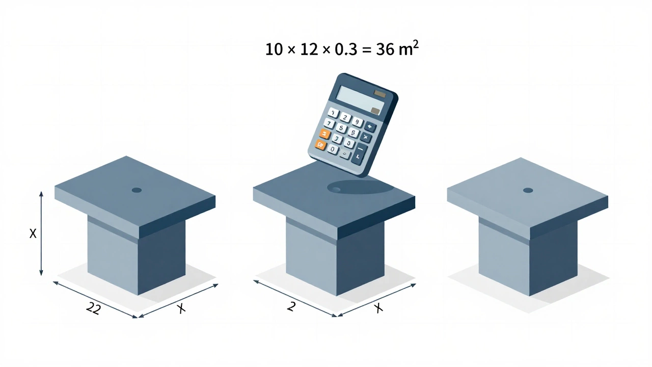 Схема трех типов фундаментов с формулой расчета объема бетона.