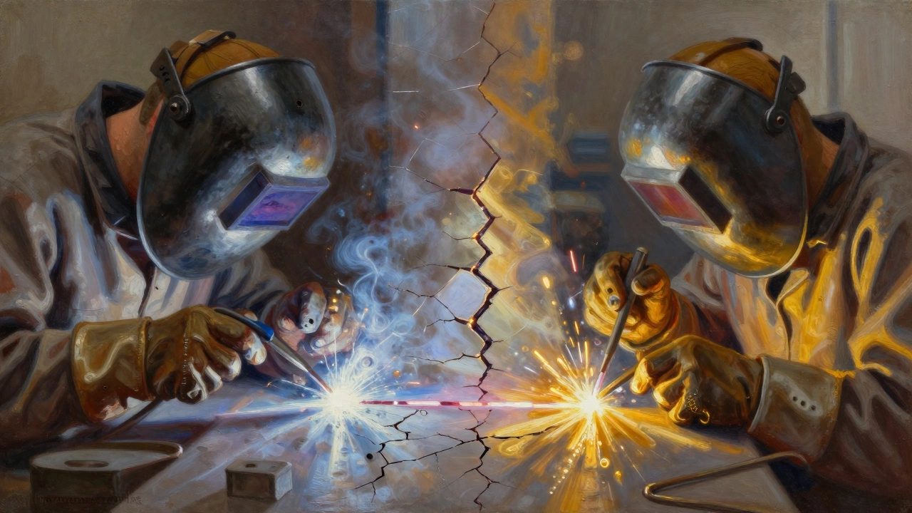 Сравнение неудачного и идеального шва TIG-сварки: от хаоса к мастерству, символизирующее путь обучения.