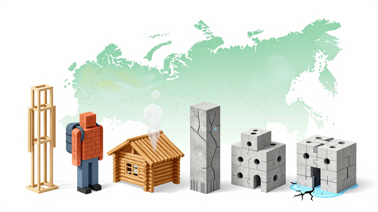 Сравнение шести технологий строительства домов в виде человеческих фигур на фоне карты России.