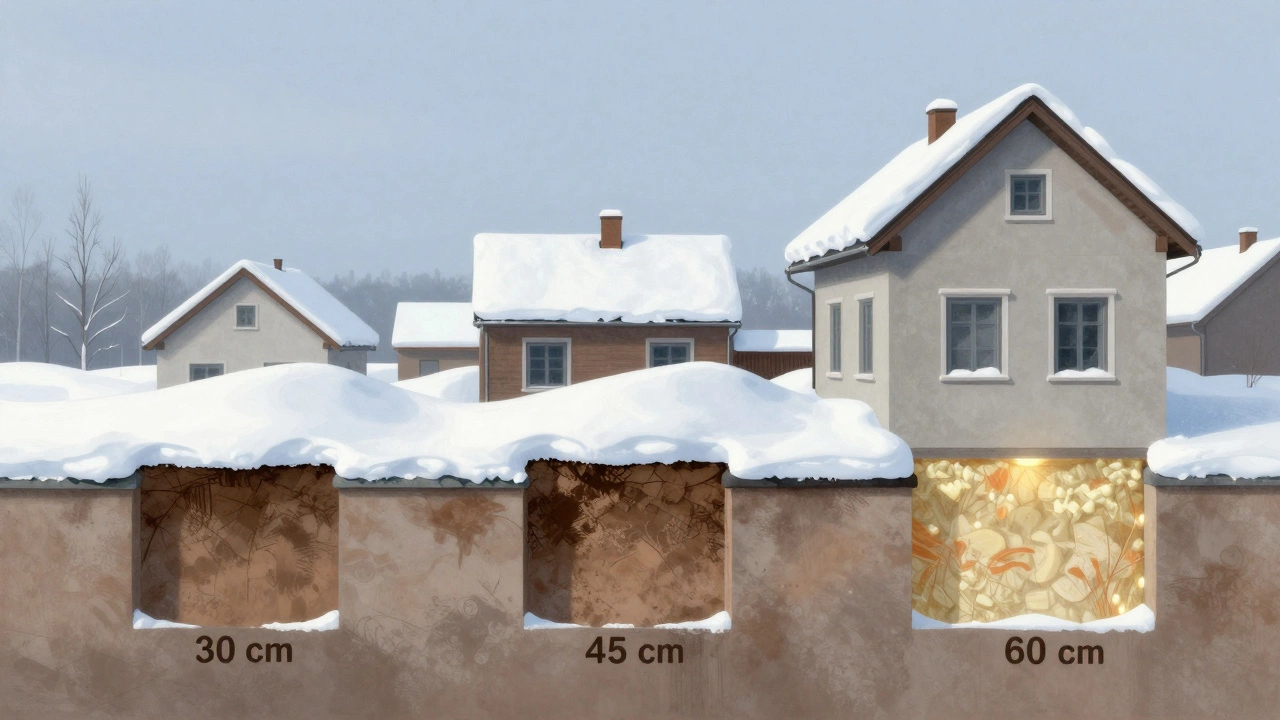 Сравнение трех домов с разной высотой цоколя: 30 см, 45 см и 60 см на снежном участке в России.
