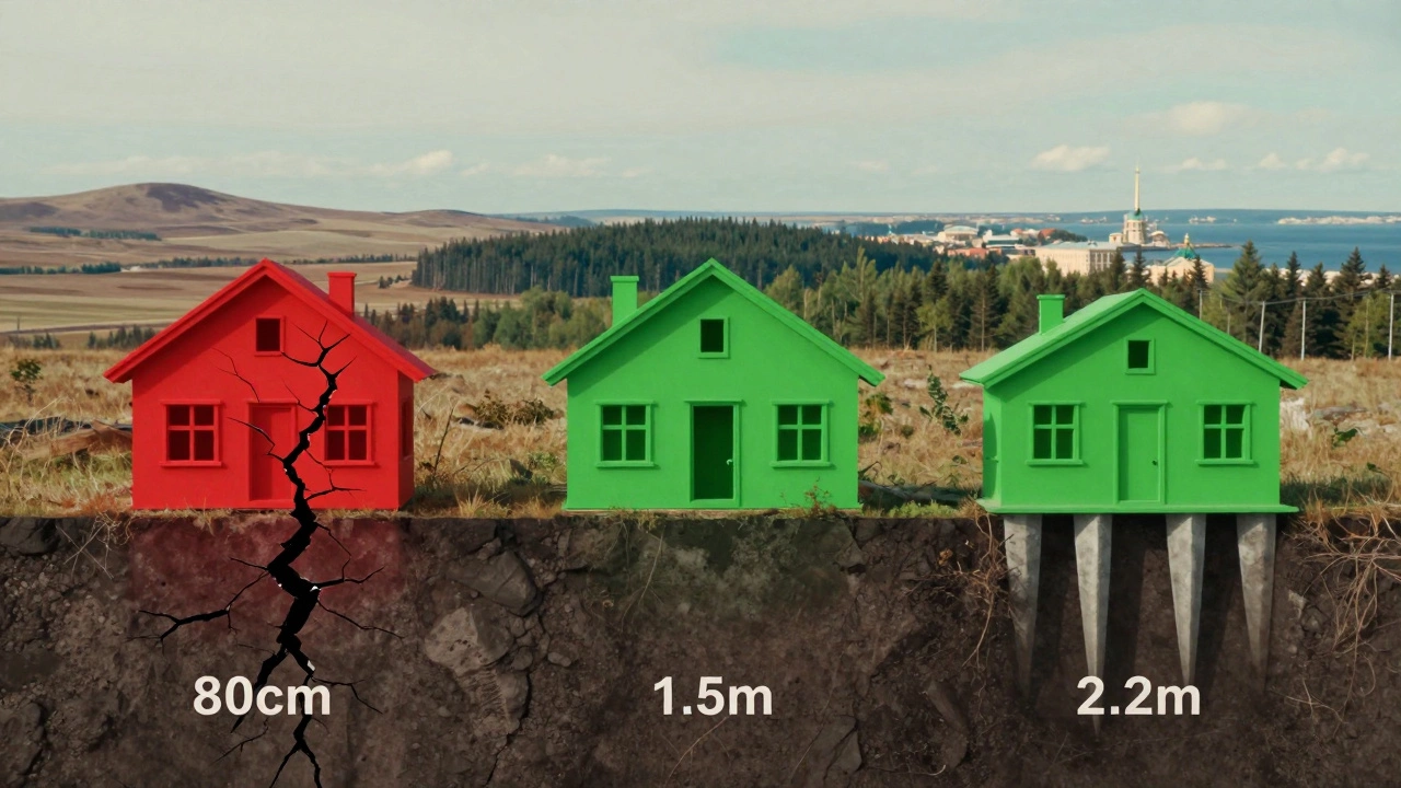 Сравнение трех типов фундаментов: мелкий с трещинами, средний — стабильный, глубокий с сваями до грунта.
