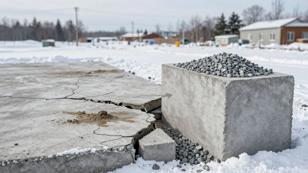 Сравнение треснувшего и целого бетонного блока: последствия плохой и правильной пропорции компонентов.
