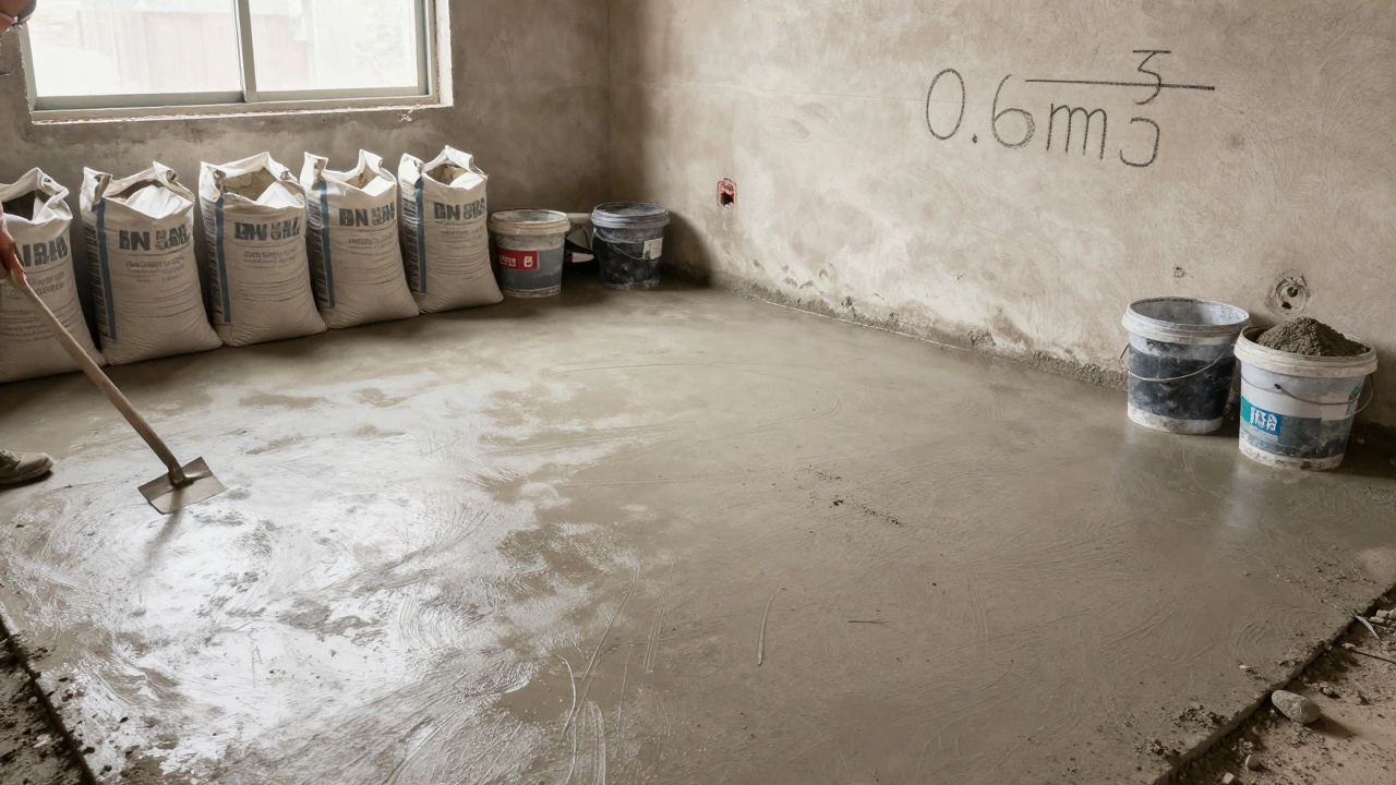 Свежезалитый бетонный пол в комнате 3x4 м, рядом — пустые мешки и ведра с песком.