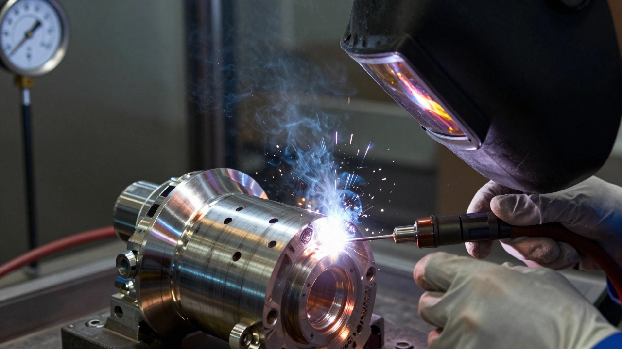 Титановая деталь в герметичной камере под TIG-сваркой, отражение сварочной дуги в щите сварщика.