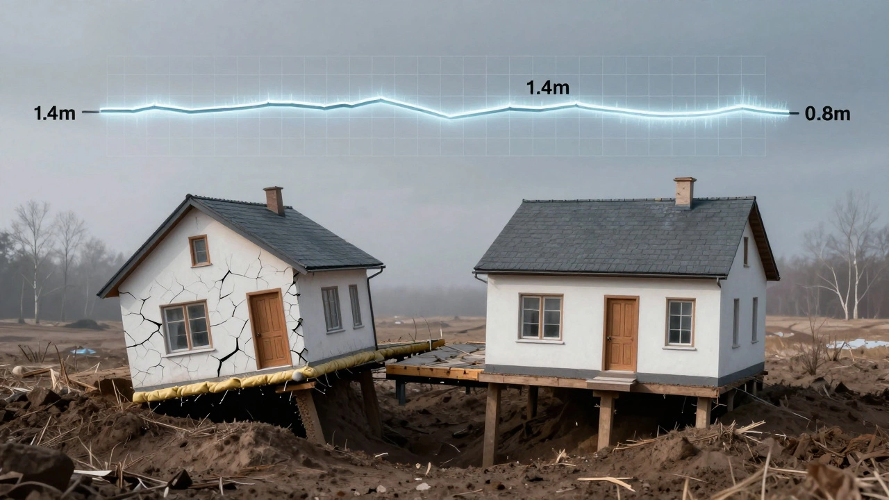 Дом на неравномерно осевшем фундаменте рядом с идеально устойчивым — визуальное предупреждение о пучинистых грунтах.