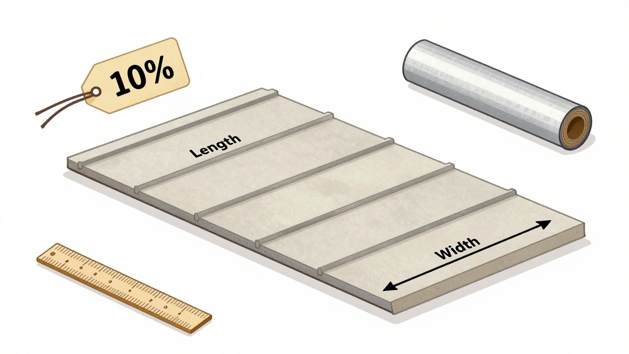 Геометрическая схема односкатной крыши с обозначениями длины и ширины, рядом — лист кровельного материала и метка +10%.