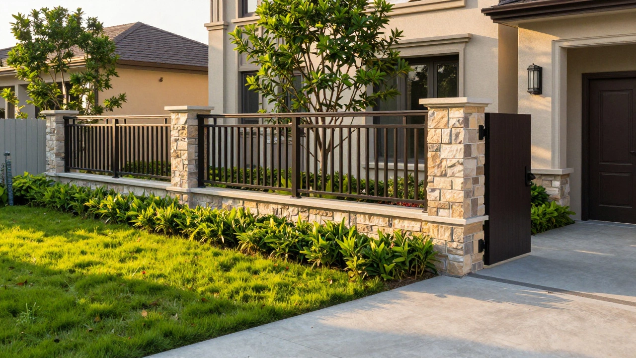 Готовый капитальный забор у дома при закате солнца.