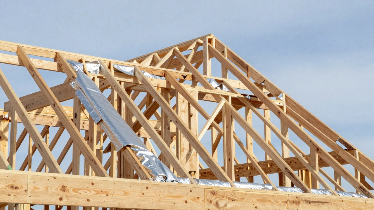 Каркас крыши дома с деревянными стропилами и пленкой