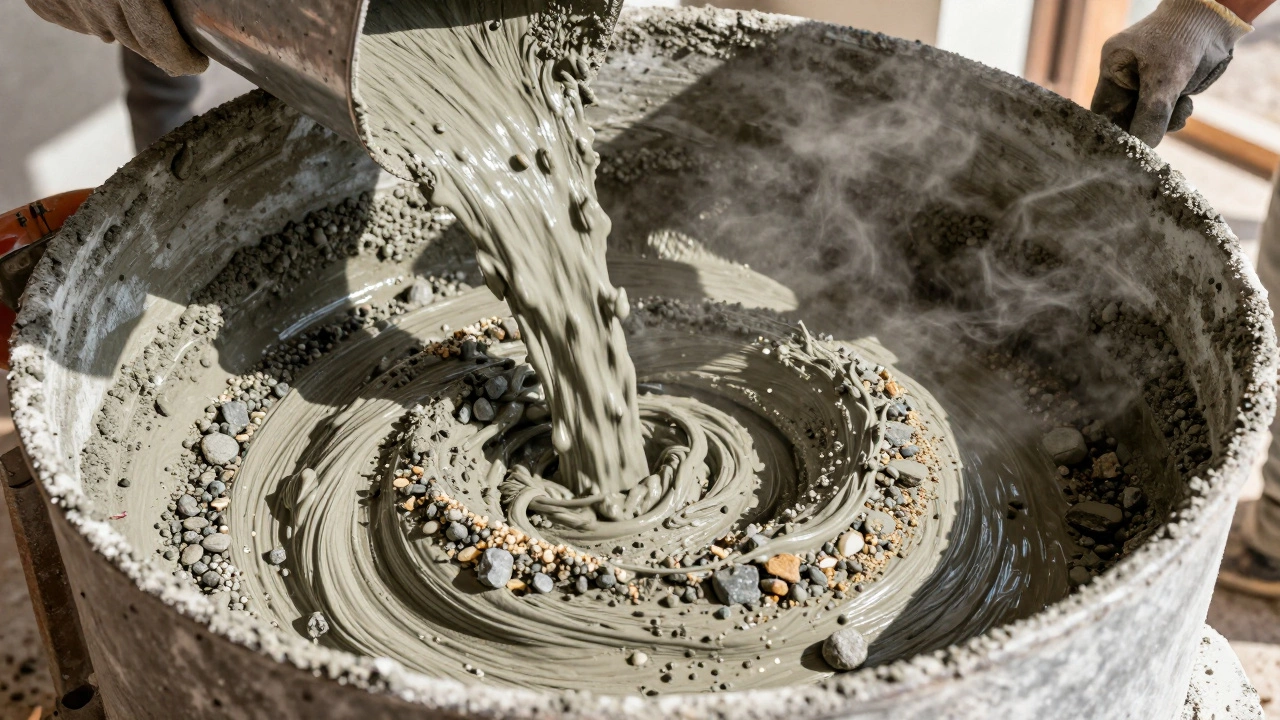 Процесс перемешивания бетонного раствора в бетономешалке