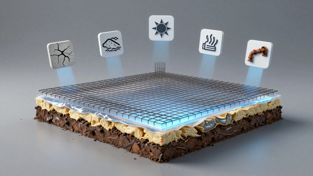 Прозрачный разрез дома с внутренней структурой фундамента и символами ошибок строительства.