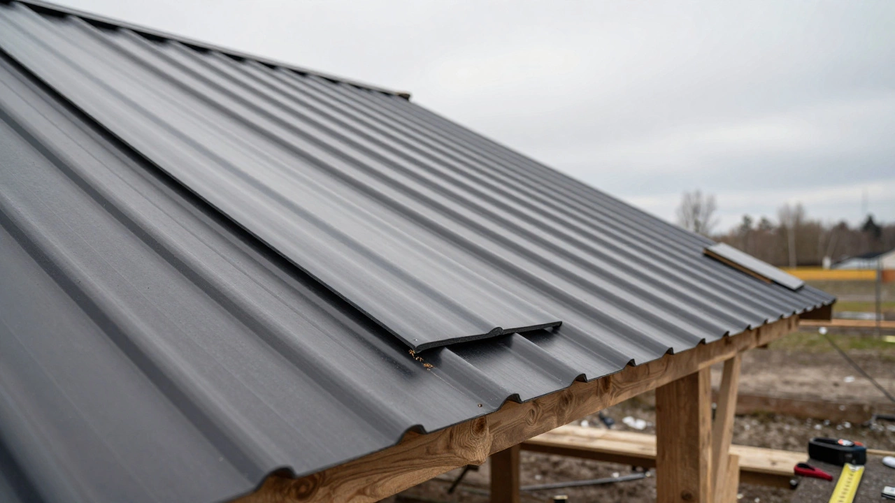 Рабочие укладывают металлочерепицу на односкатную крышу с видимым нахлестом листов, виден карниз.