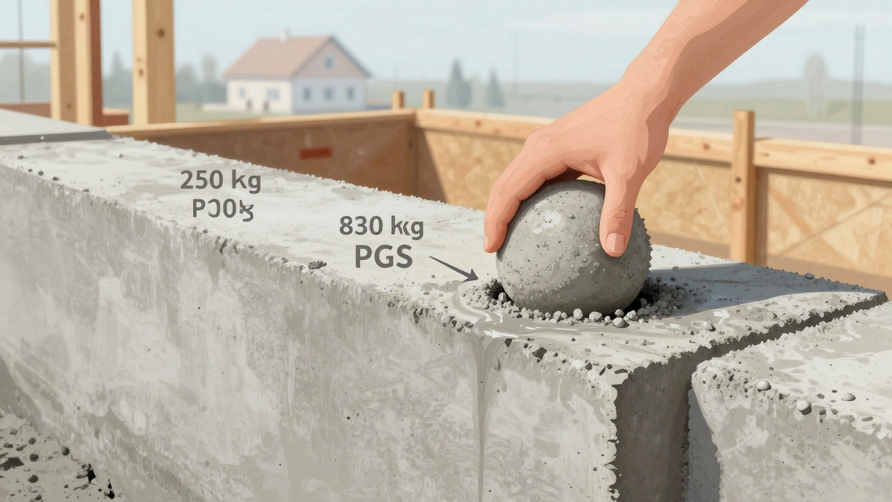 Разрез бетонного фундамента с идеальной структурой: цемент, ПГС и вода в правильных пропорциях, тест на консистенцию в ладони.